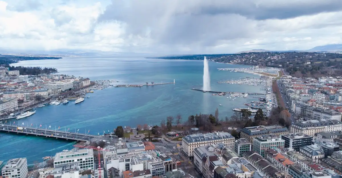 Qual cidade da Suíça abriga o famoso Jet d'Eau no lago?